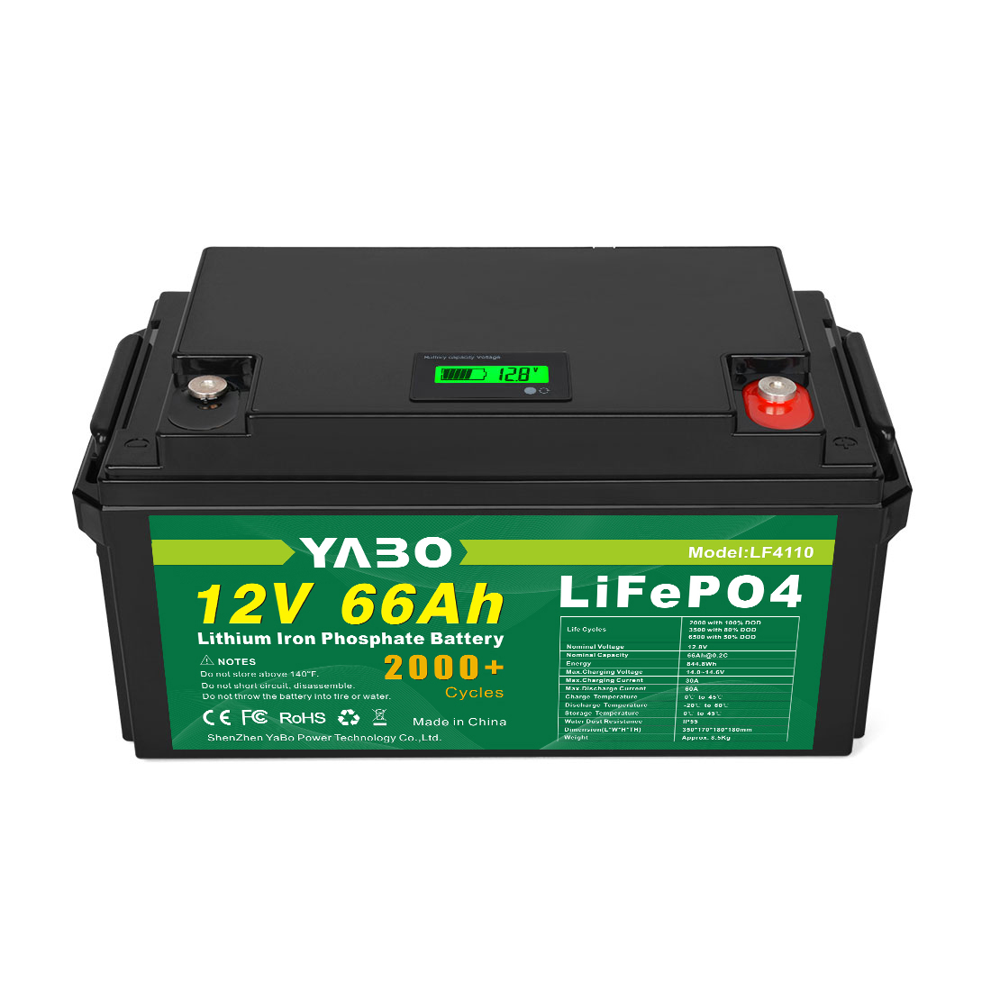 YABO 12V 66Ah Stockage de batteries solaires marines LiFePO4 Batterie